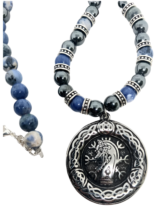 Stainless Steel Double Sided Jormungandr and Yggdrasil Necklace with Sodalite Crystal
