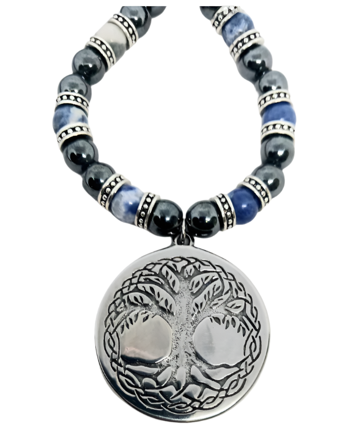Stainless Steel Double Sided Jormungandr and Yggdrasil Necklace with Sodalite Crystal