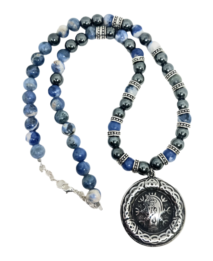 Stainless Steel Double Sided Jormungandr and Yggdrasil Necklace with Sodalite Crystal