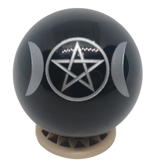 169G Black Obsidian Crystal Triple Moon Pentagram Sphere