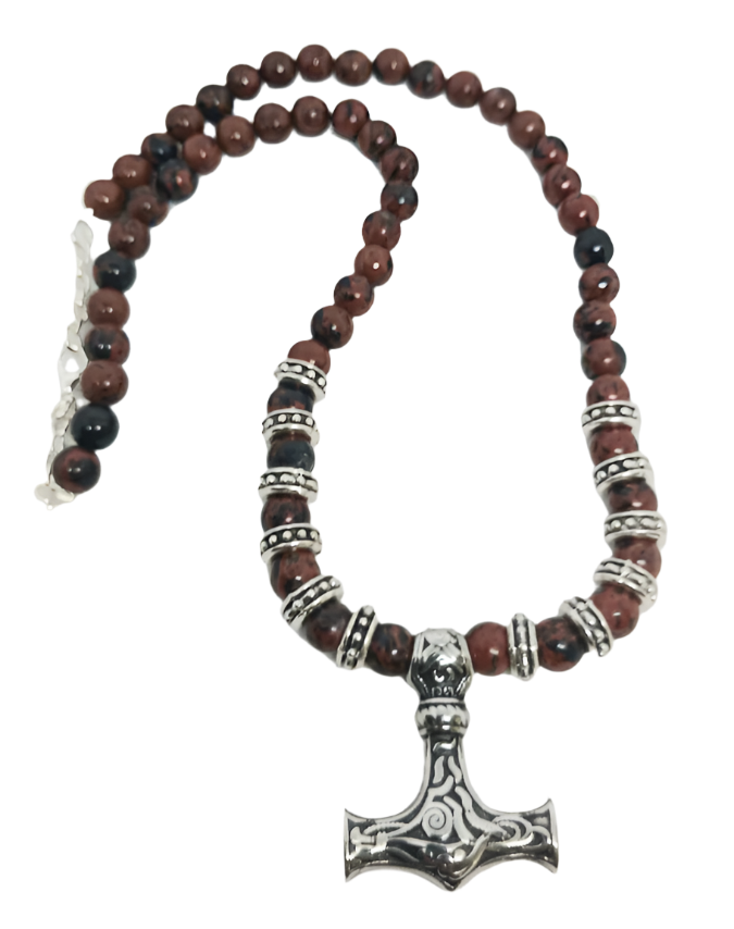 Stainless Steel Mjölnir with Mahogany Obsidian Crystal Necklace