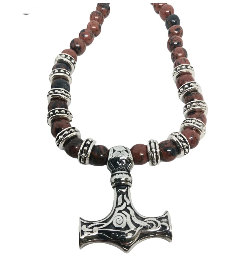 Stainless Steel Mjölnir with Mahogany Obsidian Crystal Necklace