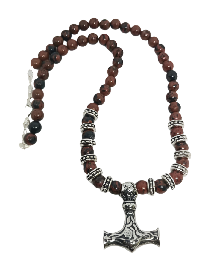 Stainless Steel Mjölnir with Mahogany Obsidian Crystal Necklace