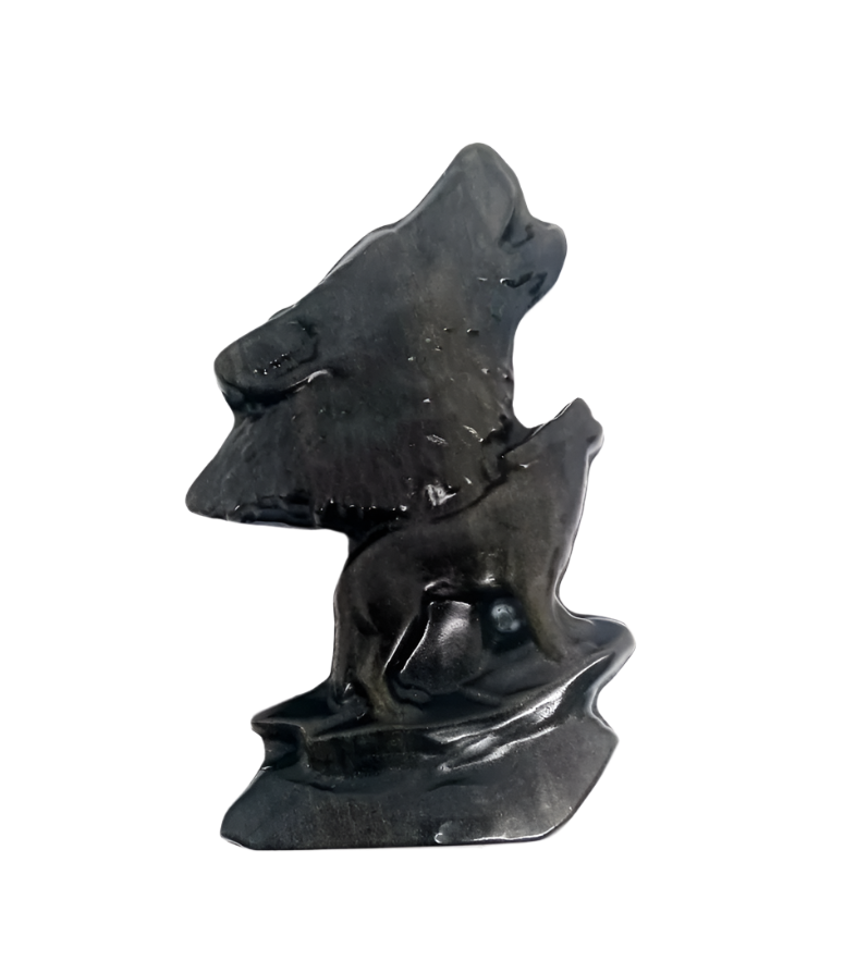 Golden Obsidian Crystal Wolf Carving