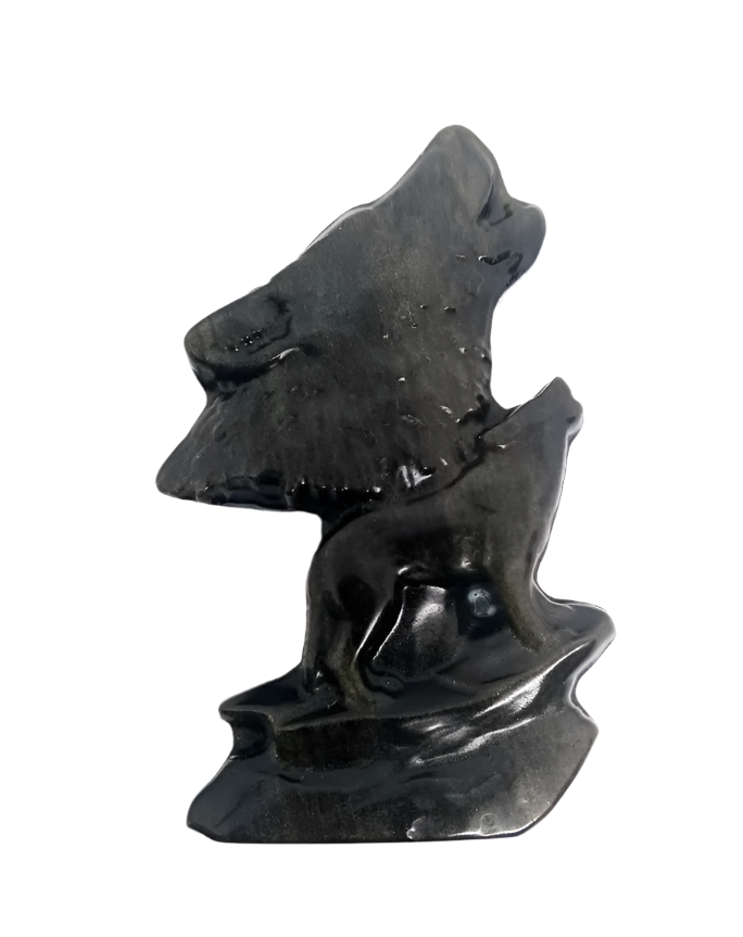 Golden Obsidian Crystal Wolf Carving