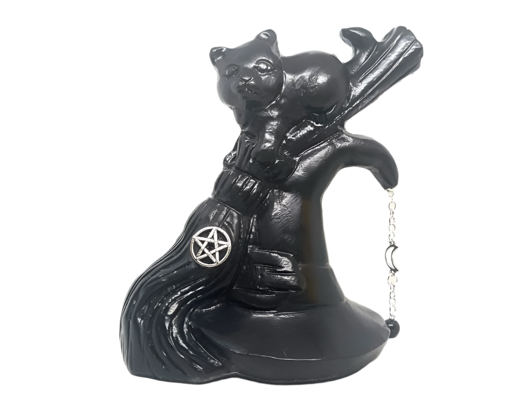 970g Black Jade Crystal Cat on Broom and Witch Hat Carving