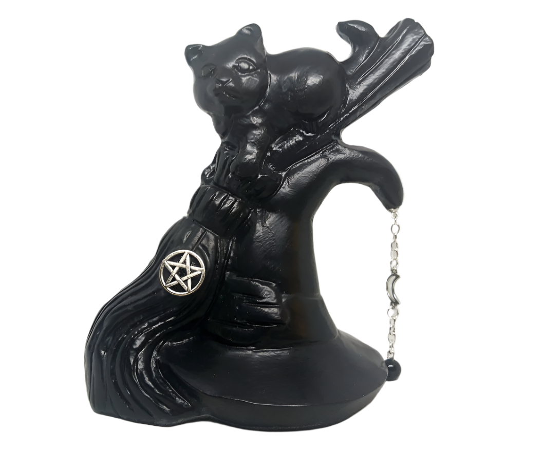 970g Black Jade Crystal Cat on Broom and Witch Hat Carving