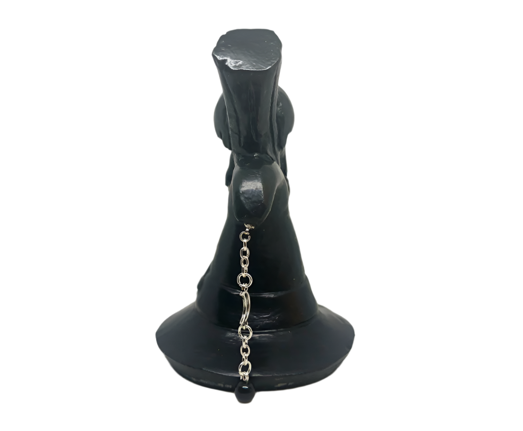 970g Black Jade Crystal Cat on Broom and Witch Hat Carving