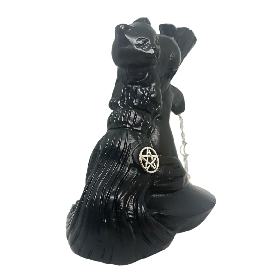 970g Black Jade Crystal Cat on Broom and Witch Hat Carving
