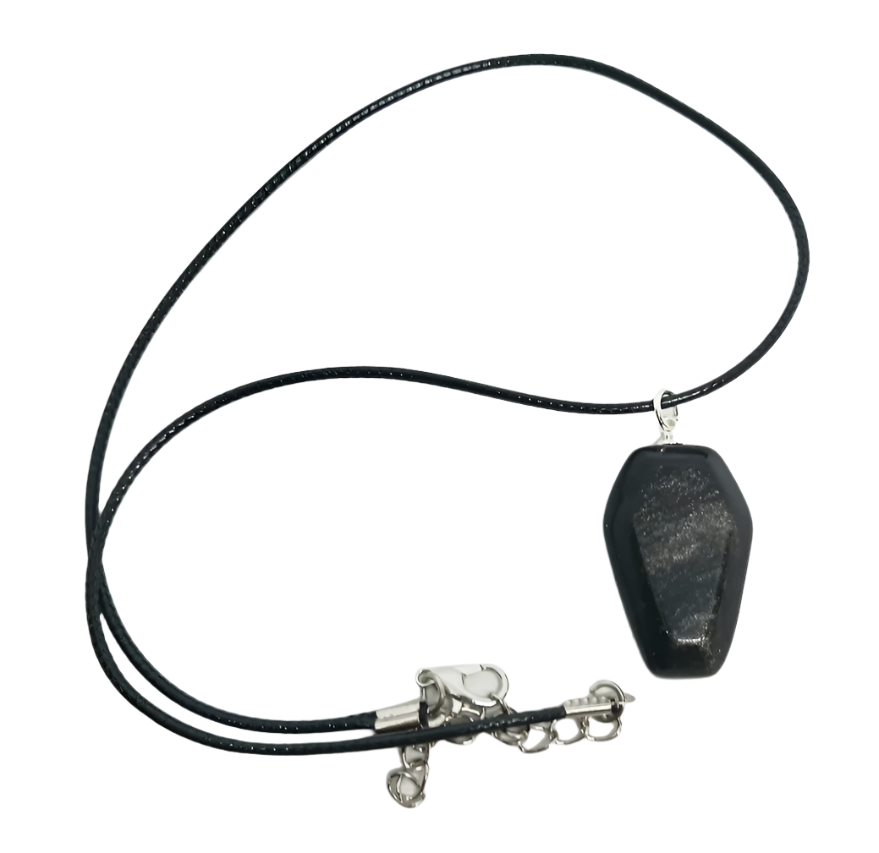 Silver Obsidian Crystal Coffin Pendant Necklace