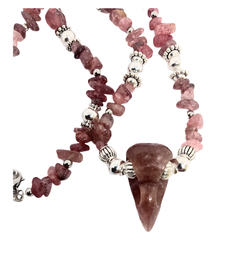 Strawberry Quartz Crystal Raven Skull Necklace