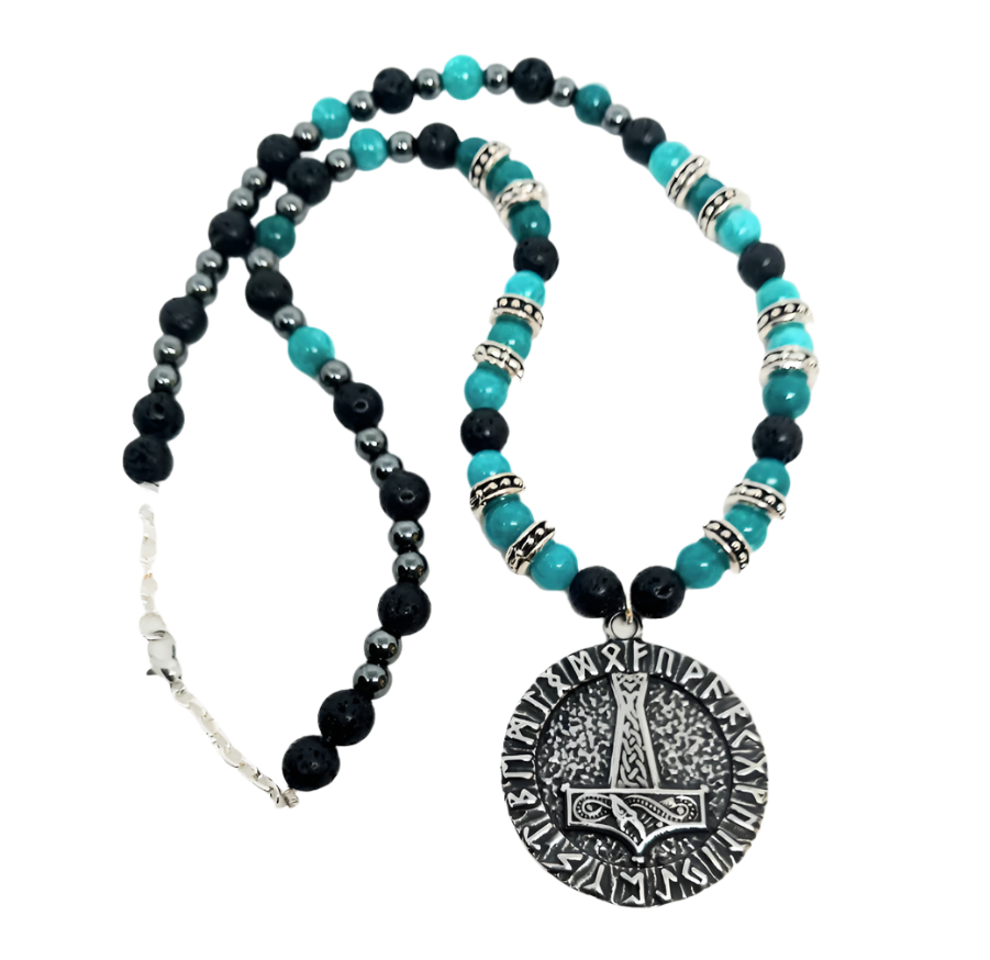 Stainless Steel Mjölnir Norse Elder Futhark Runes Necklace with Blue Apatite Crystal