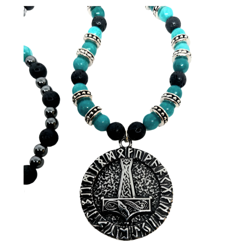 Stainless Steel Mjölnir Norse Elder Futhark Runes Necklace with Blue Apatite Crystal