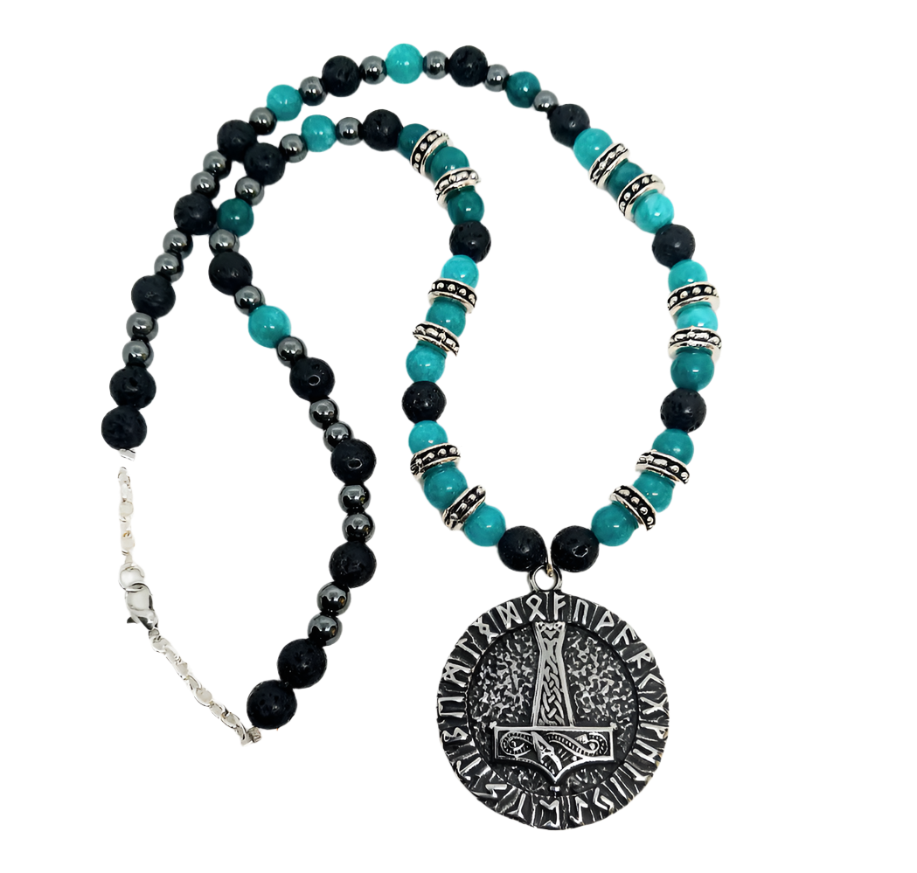 Stainless Steel Mjölnir Norse Elder Futhark Runes Necklace with Blue Apatite Crystal