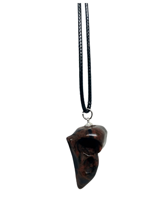 Mahogany Obsidian Crystal Raven Skull Pendant Necklace