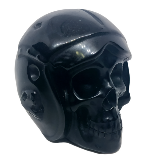 404G Black Obsidian Crystal Skull with Helmet