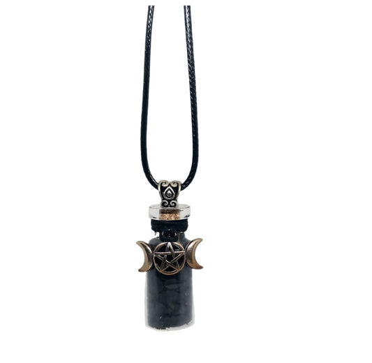 Shungite Crystal Chips Bottle Necklace on Wax Leather Cord