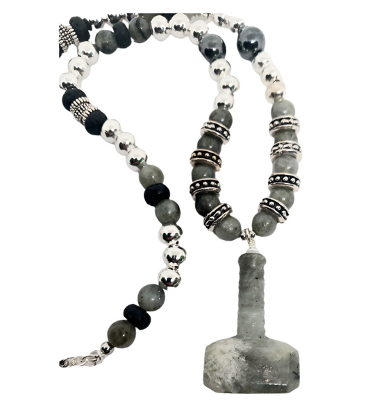 Labradorite Crystal Mjölnir Necklace with Hematite and Lava Stone