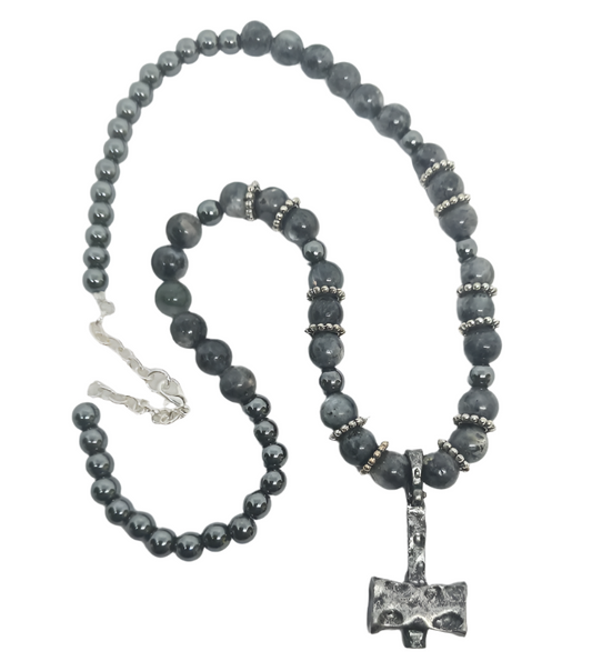 Pewter Mjölnir Necklace with Larvikite Crystal