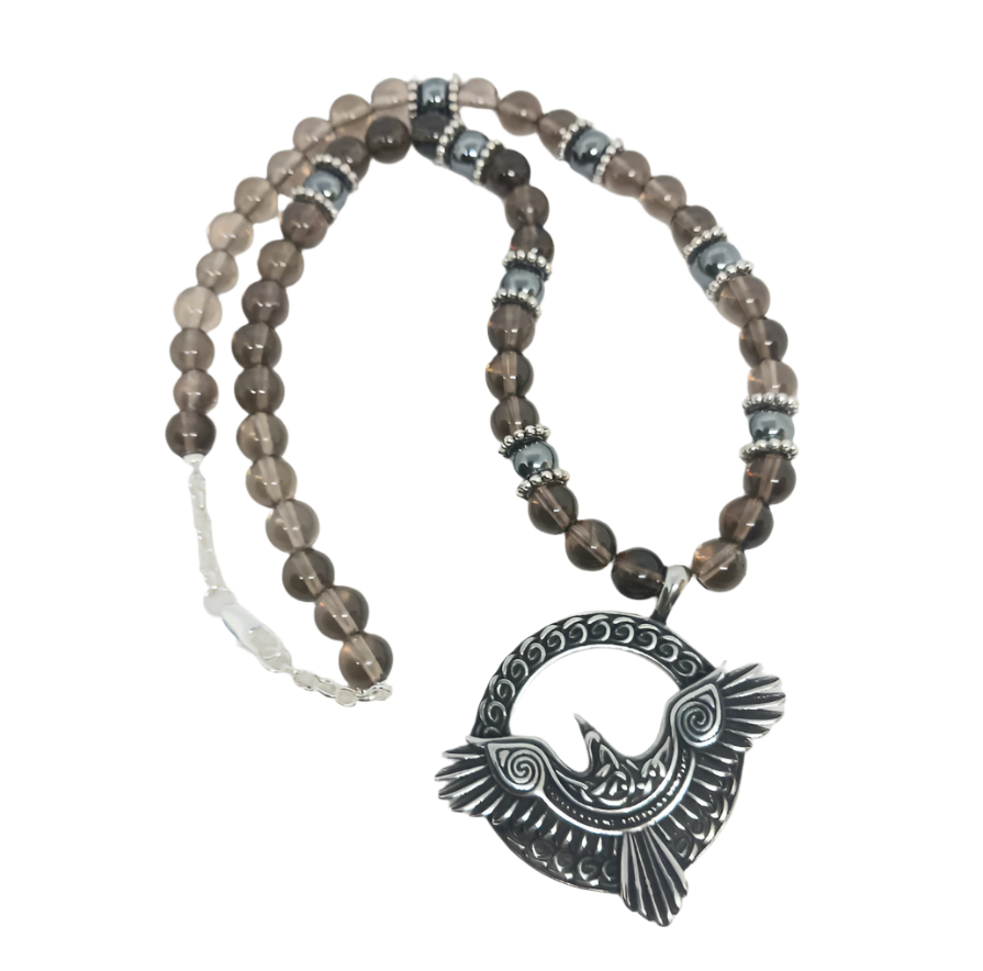 Stainless Steel Raven Necklace with Smoky Quartz Crystal and Hematite