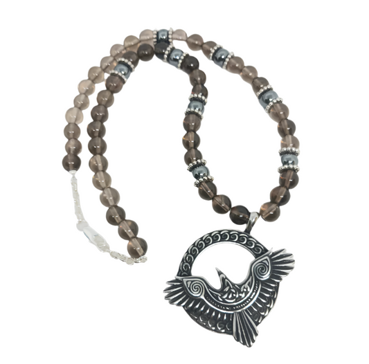 Stainless Steel Raven Necklace with Smoky Quartz Crystal and Hematite
