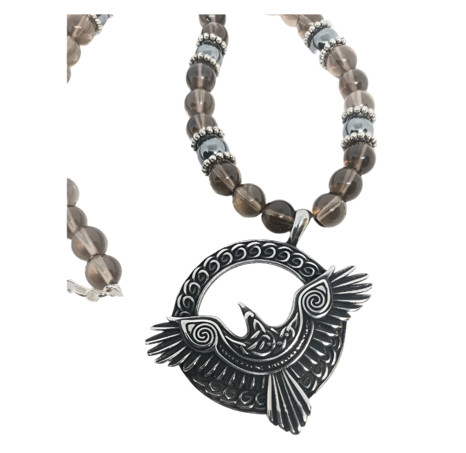 Stainless Steel Raven Necklace with Smoky Quartz Crystal and Hematite
