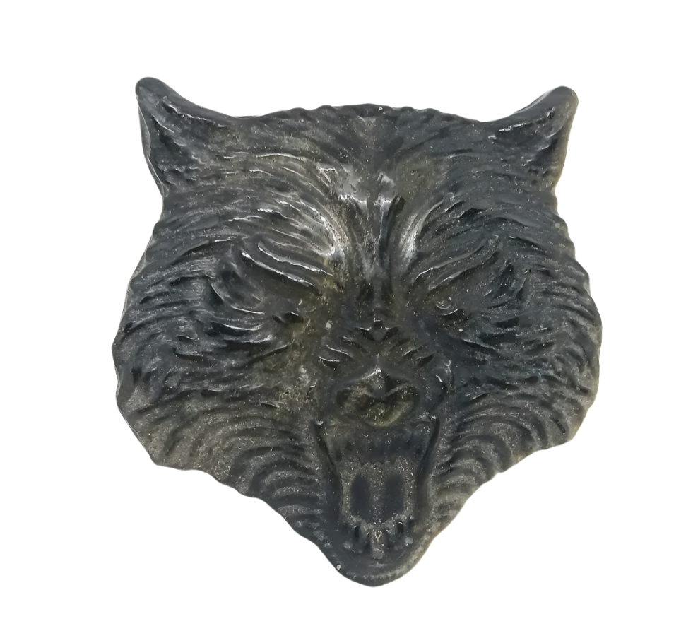 Golden Obsidian Crystal Wolf Head Carving