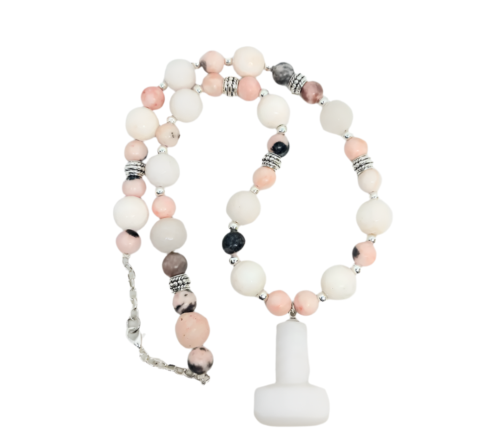 White Jade Crystal Mjölnir Necklace with Pink Zebra Jasper