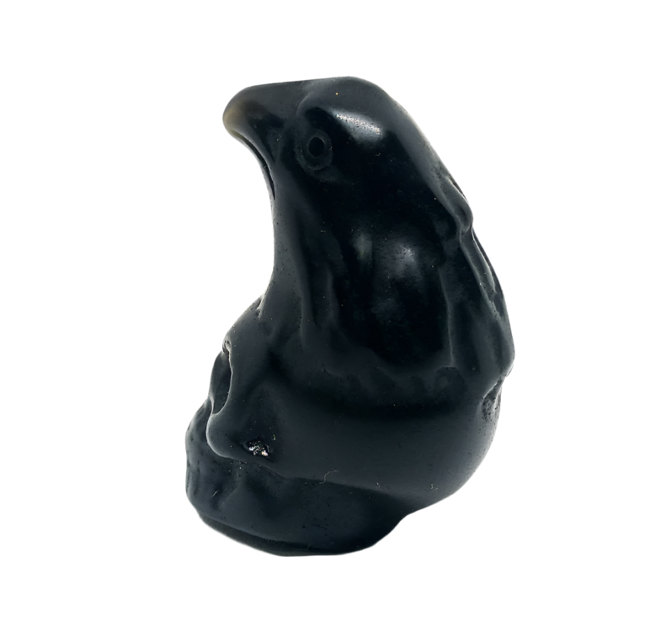 Golden Obsidian Crystal Skull and Raven Small Carving