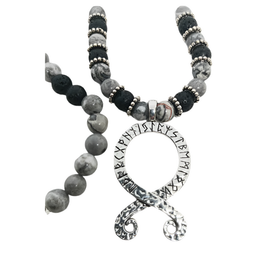 Troll Cross Necklace with Norse Elder Futhark Runes and Picasso Jasper Crystal