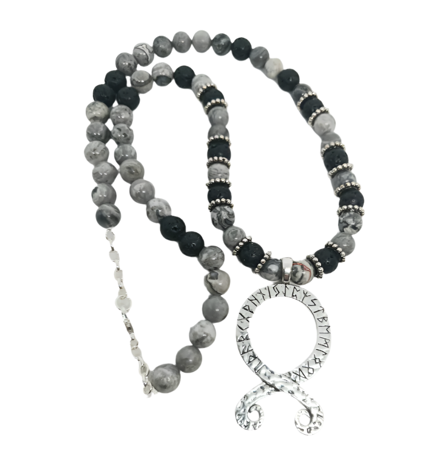 Troll Cross Necklace with Norse Elder Futhark Runes and Picasso Jasper Crystal