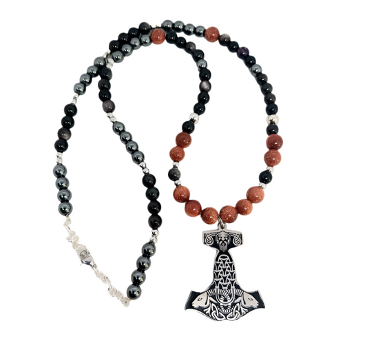 Stainless Steel Mjölnir Necklace with Gold Sandstone and Obsidian Crystal