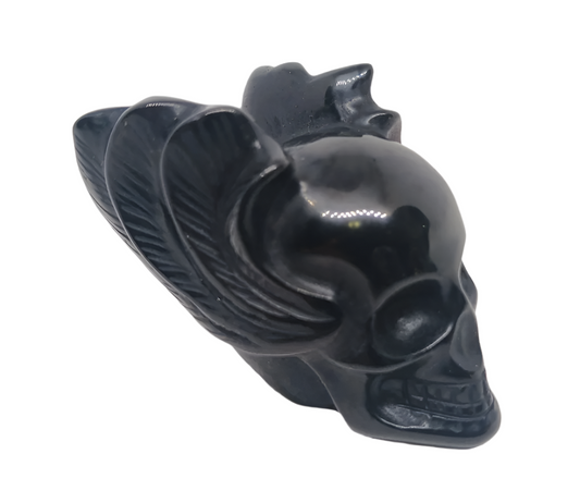 Black Obsidian Crystal Skull with Wings Carving