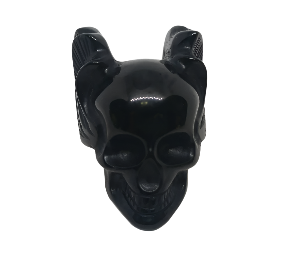 Black Obsidian Crystal Skull with Wings Carving