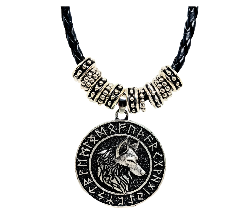 Stainless Steel Wolf Pendant Necklace with Norse Elder Futhark Runes