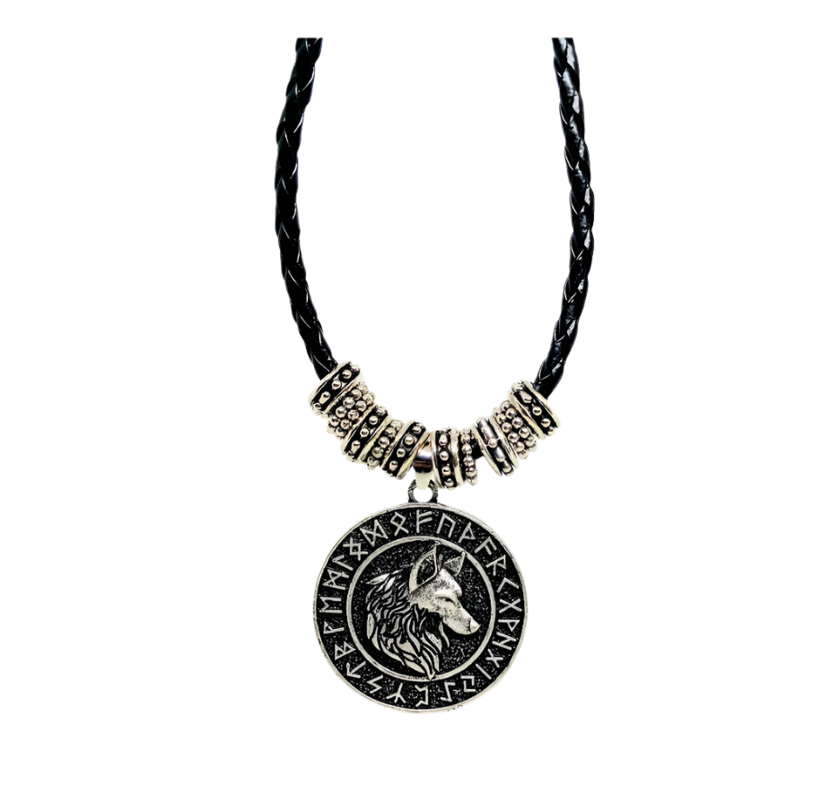Stainless Steel Wolf Pendant Necklace with Norse Elder Futhark Runes