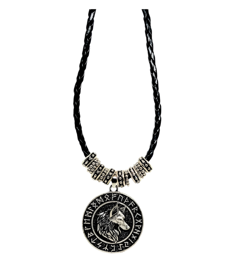Stainless Steel Wolf Pendant Necklace with Norse Elder Futhark Runes