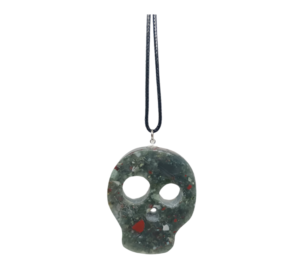African Bloodstone Crystal Skull Pendant Necklace