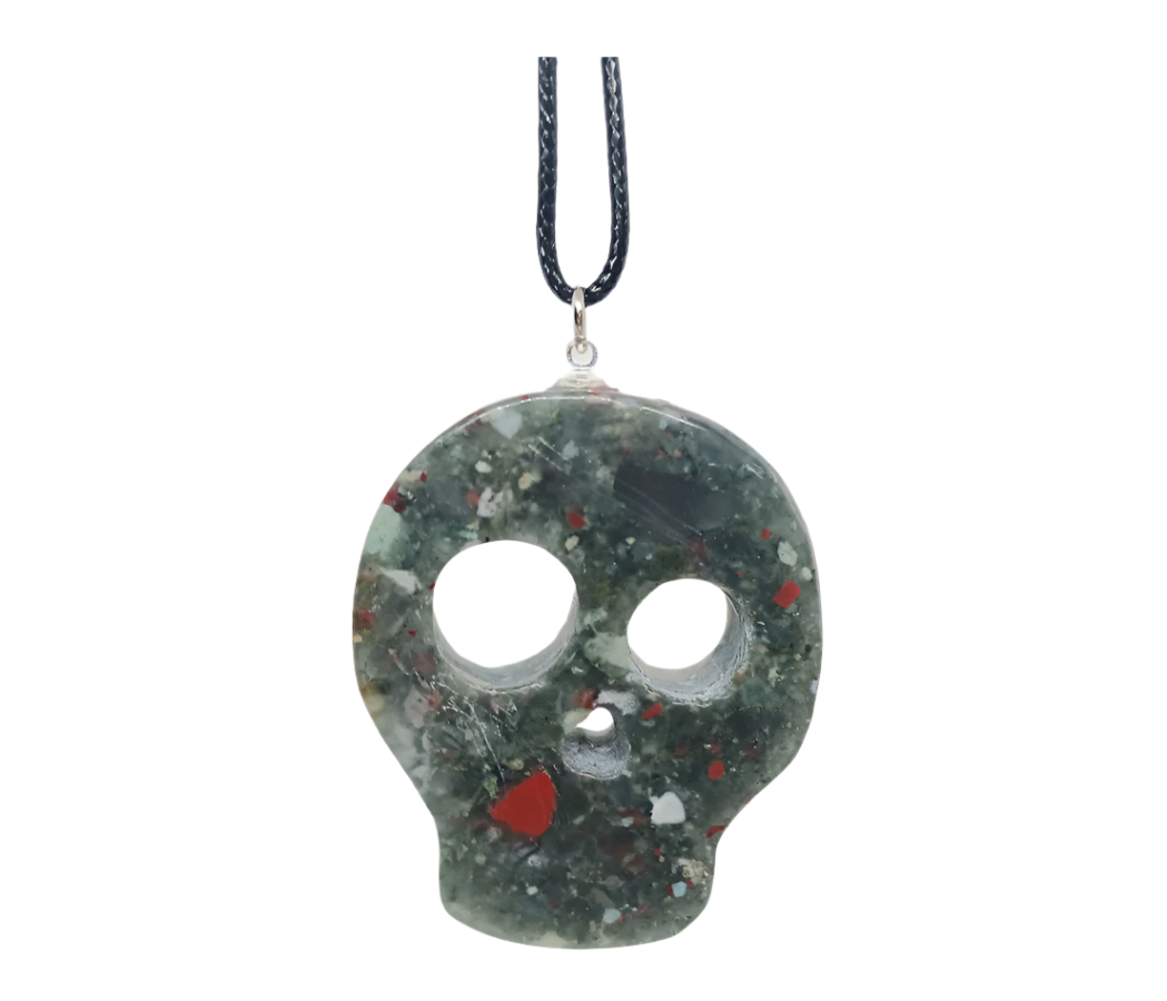 African Bloodstone Crystal Skull Pendant Necklace