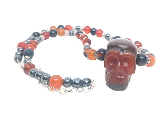 Red Agate Crystal with Hematite Skull Necklace