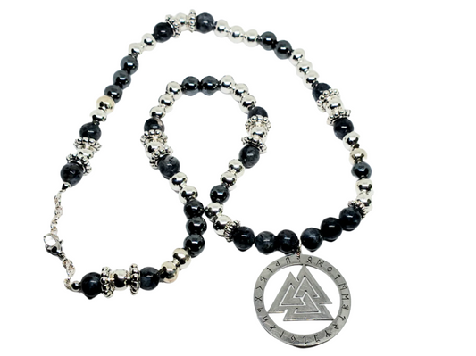 Stainless Steen Valknut Pendant Necklace with Larvikite Crystal