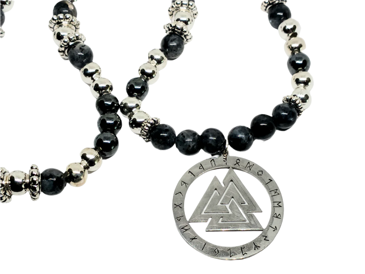 Stainless Steen Valknut Pendant Necklace with Larvikite Crystal