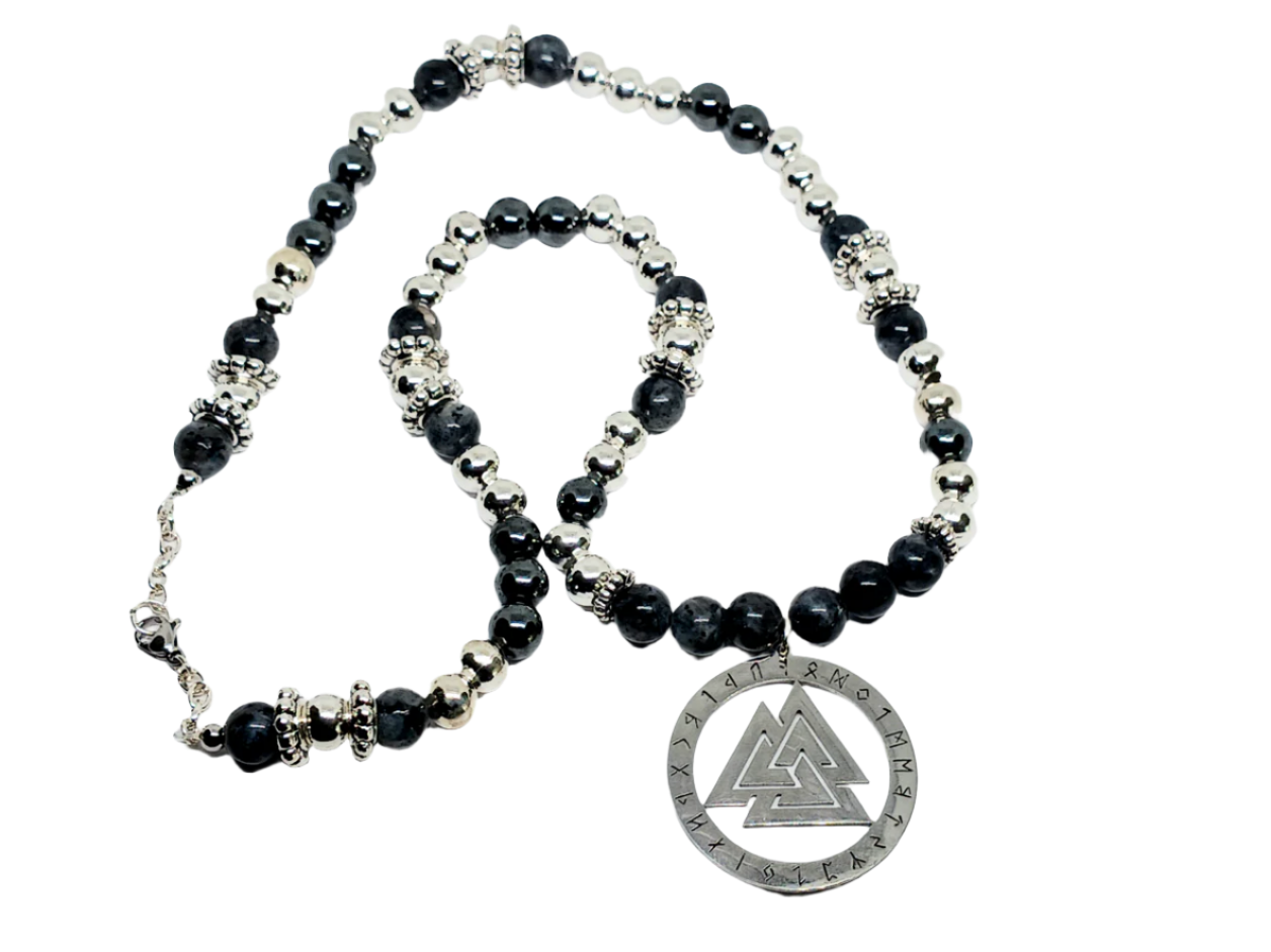 Stainless Steen Valknut Pendant Necklace with Larvikite Crystal