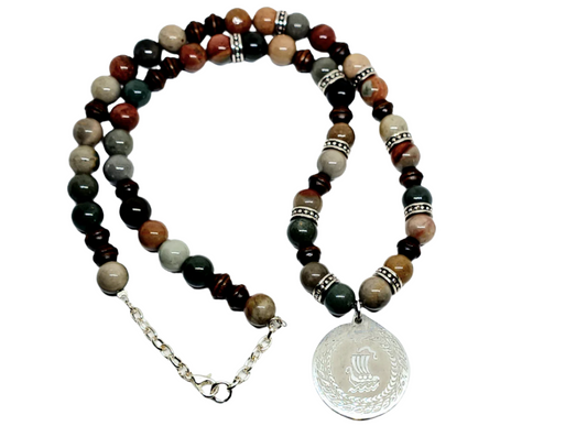 Stainless Steel Ship Pendant Necklace with Polychrome Jasper Crystal