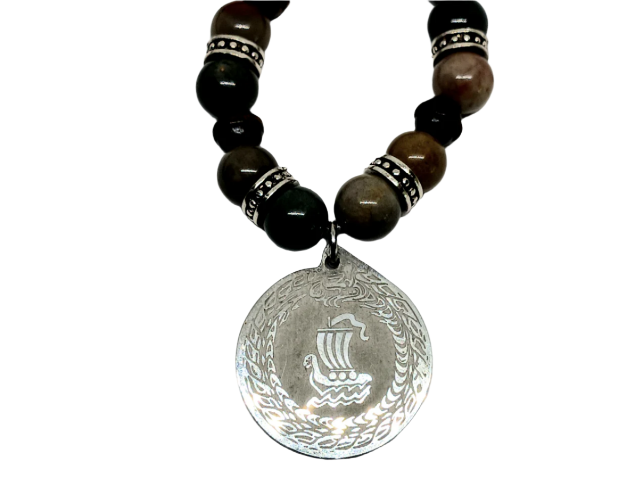 Stainless Steel Ship Pendant Necklace with Polychrome Jasper Crystal