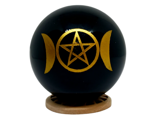 166G Obsidian Crystal Triple Moon Pentagram Sphere