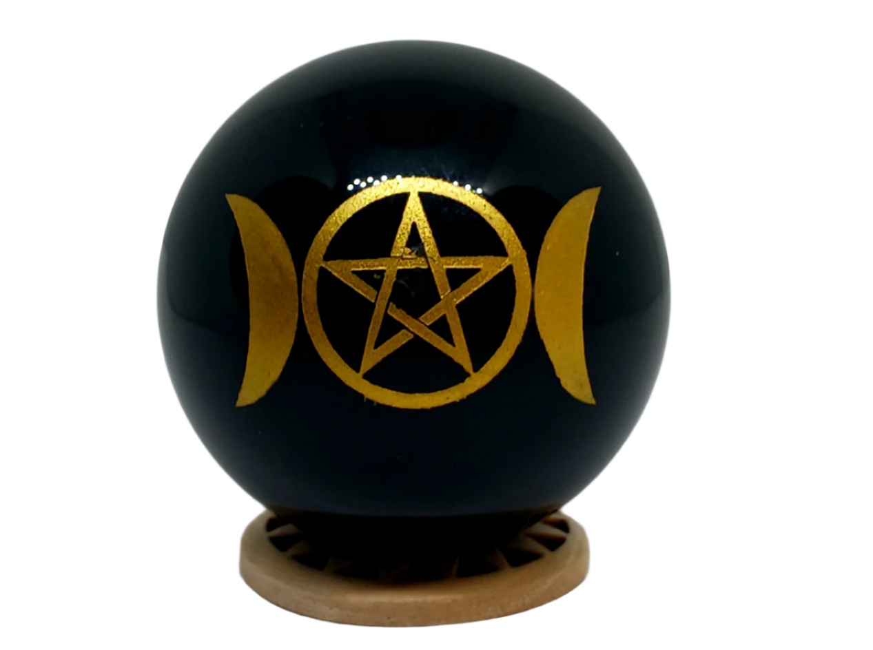 166G Obsidian Crystal Triple Moon Pentagram Sphere