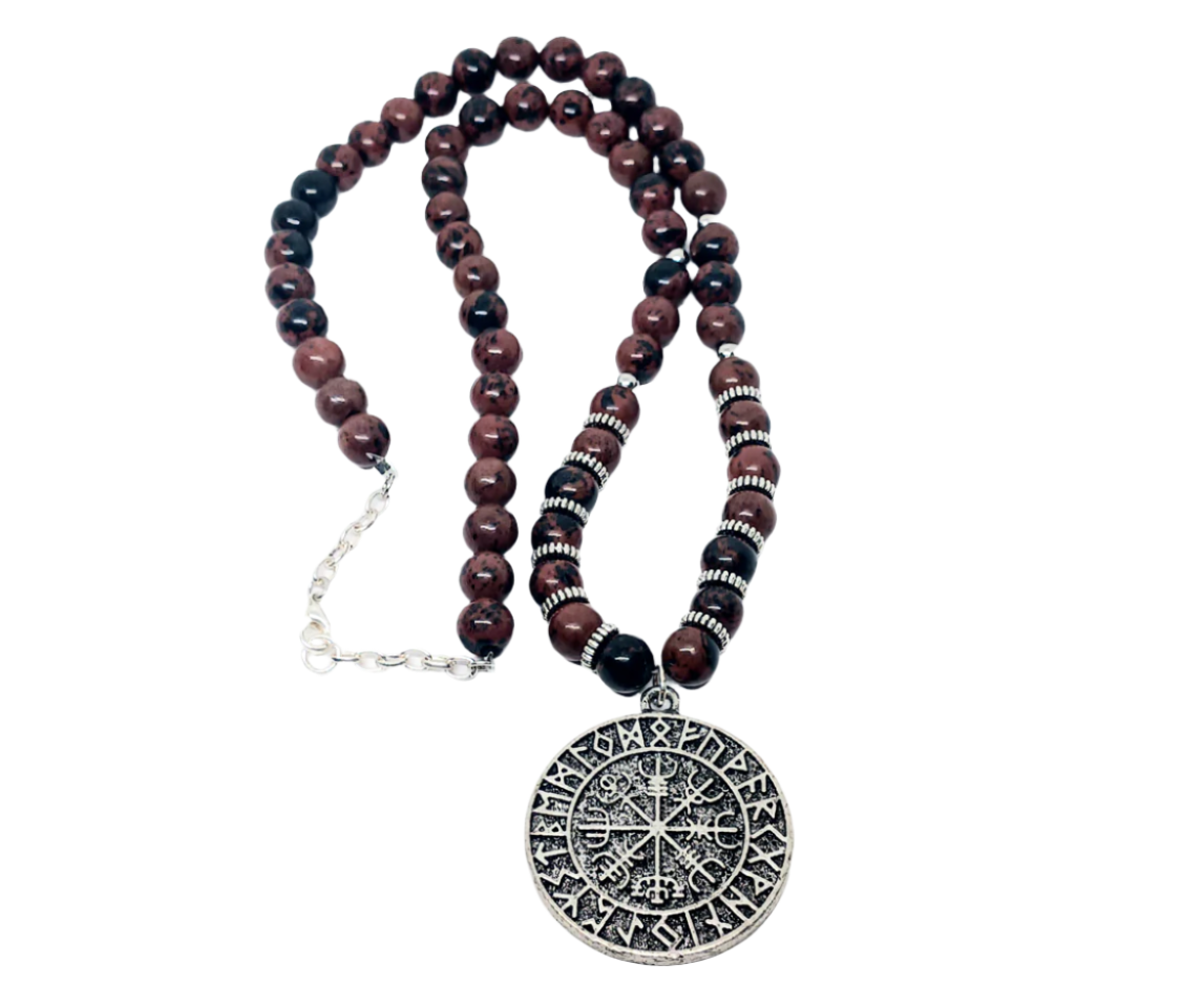 Stainless Steel Vegvisir Pendant Necklace with Mahogany Obsidian Crystal