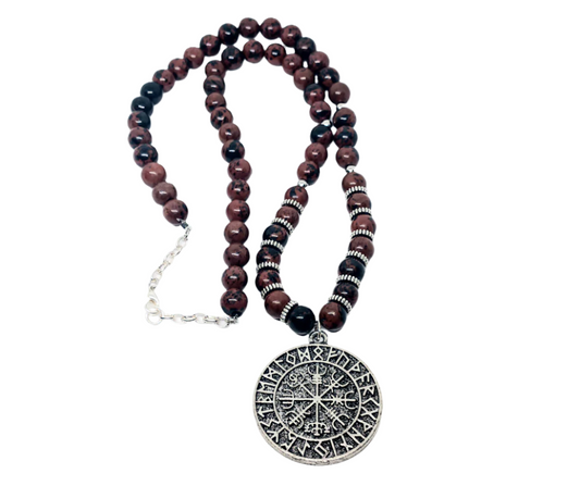 Stainless Steel Vegvisir Pendant Necklace with Mahogany Obsidian Crystal