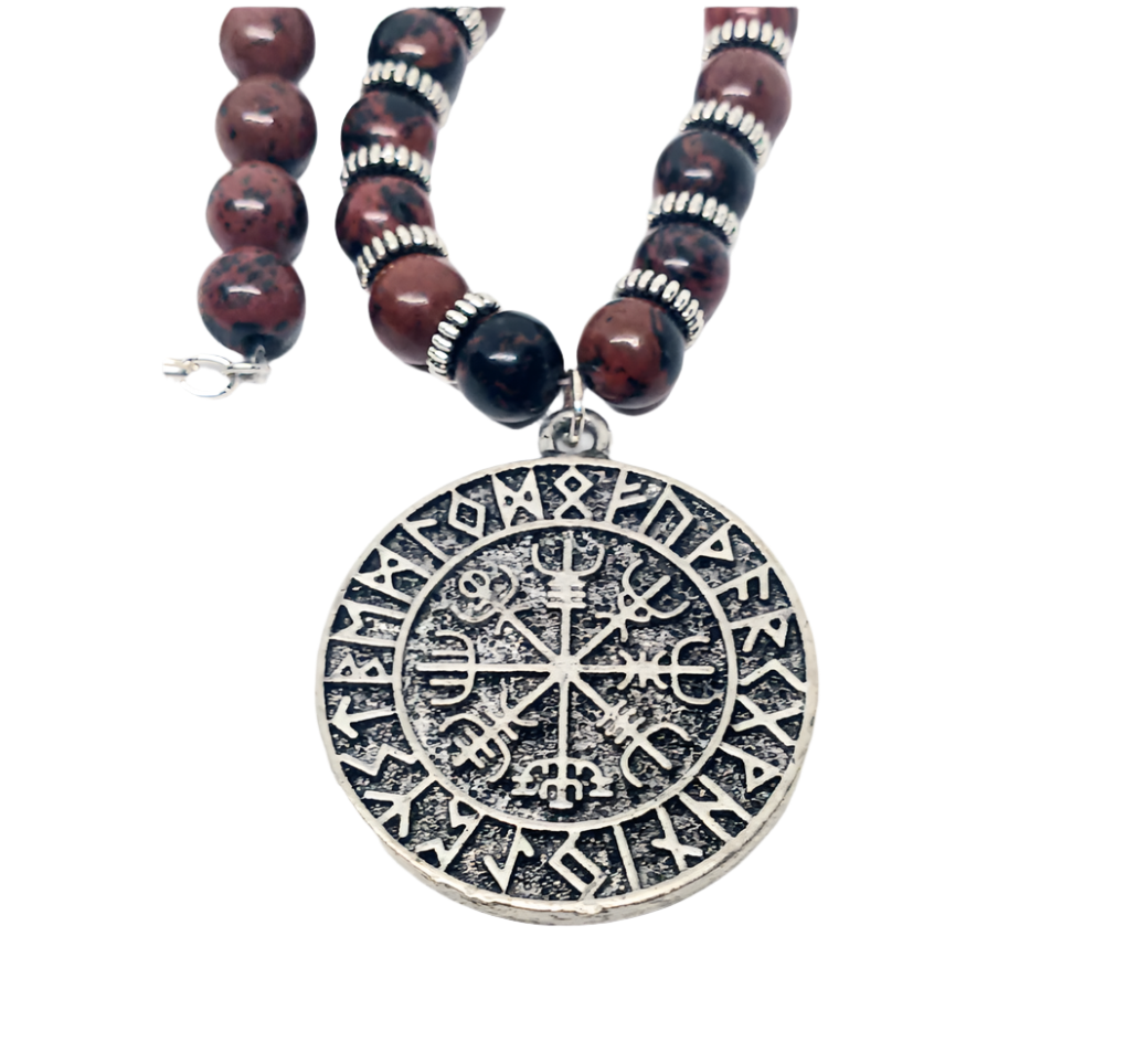 Stainless Steel Vegvisir Pendant Necklace with Mahogany Obsidian Crystal